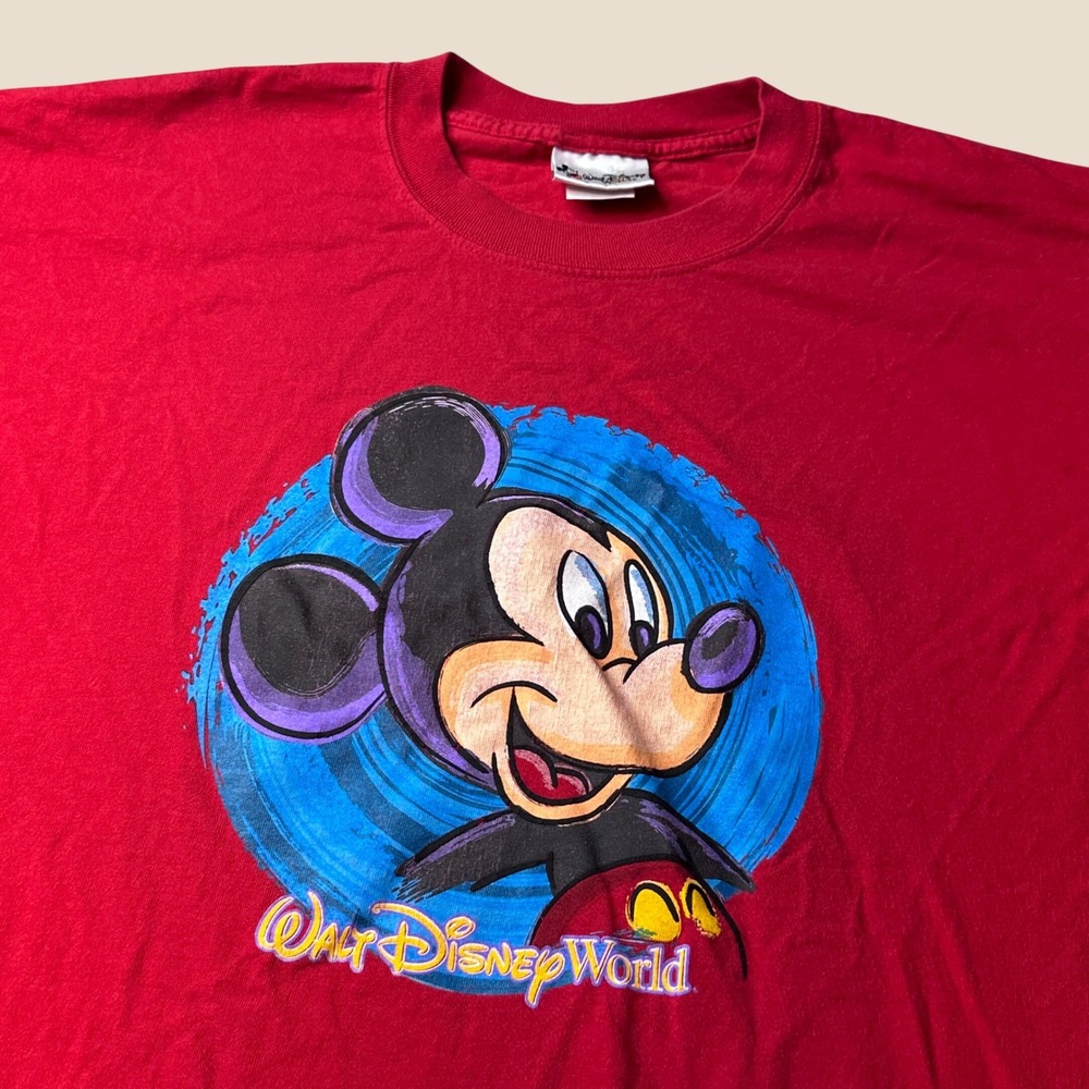 Vintage Walt Disney World T-Shirt Mens L Red Mickey Mouse Graphic Souvenir 90s